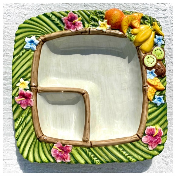 VTG 🏝Tropical Serving  Platter Floral & Fruit Chip Dip Veggie & Dip 🌺🥝🎋🍌🎋. - Picture 9 of 16